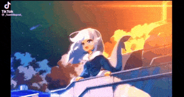 a girl with white hair is standing on a balcony looking at the sunset .