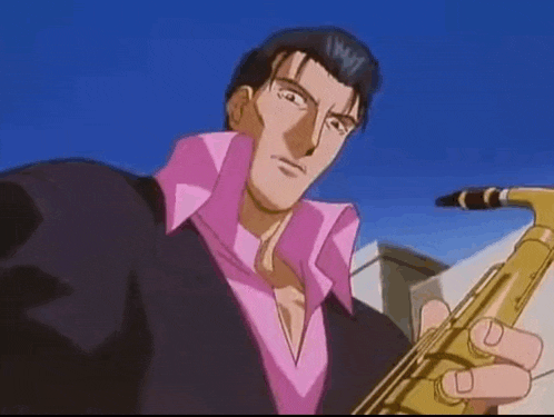 a man in a pink shirt and black jacket is holding a saxophone .