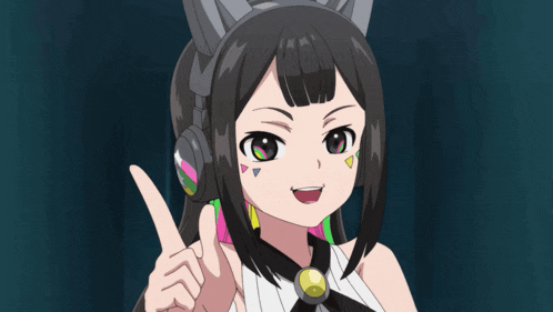 a girl with cat ears and headphones points her finger up