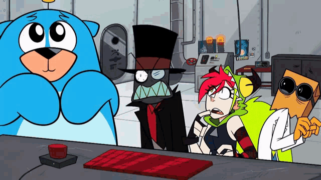 a group of cartoon characters are standing around a table with a red button on it