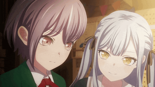 two anime girls are standing next to each other and looking at something