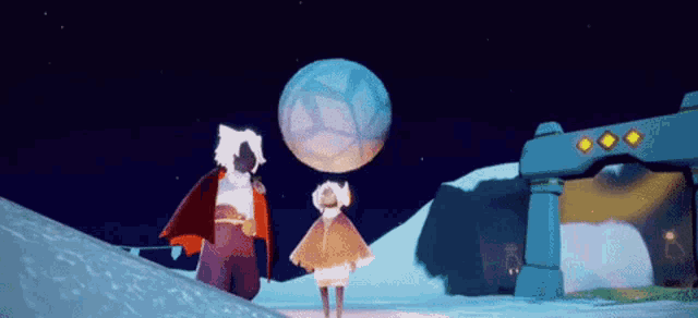 a man and a girl are standing next to each other in a video game while looking at a giant sphere .