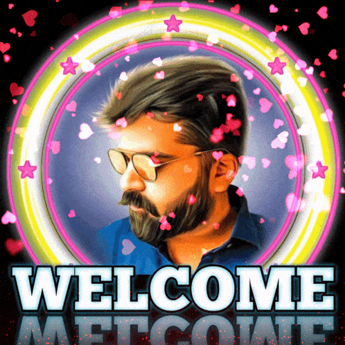 a picture of a man with a beard and the words welcome welcome