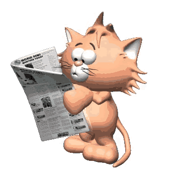 a cartoon cat is reading a newspaper titled world news weather report