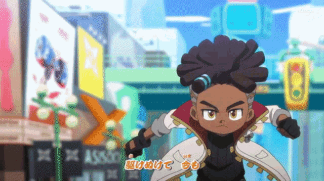 a cartoon character is standing in front of a sign that says x