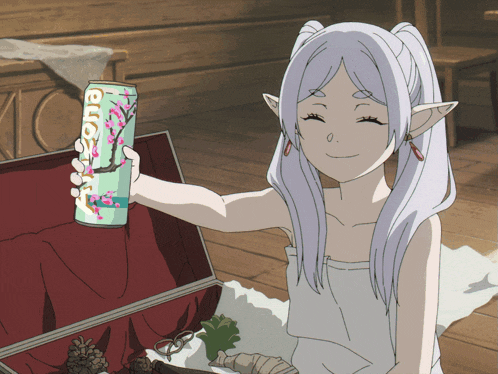 a girl with white hair is holding a can that says euphoria on it
