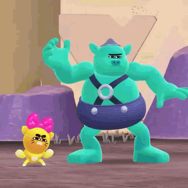 a cartoon character is standing next to a cartoon character with a pink bow on its head