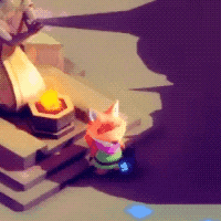 a cartoon character is sitting in front of a statue in a video game .