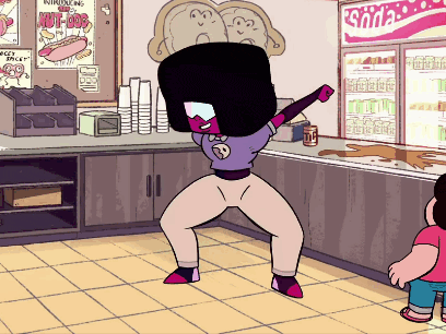 a cartoon character is dancing in front of a sign that says hot dog