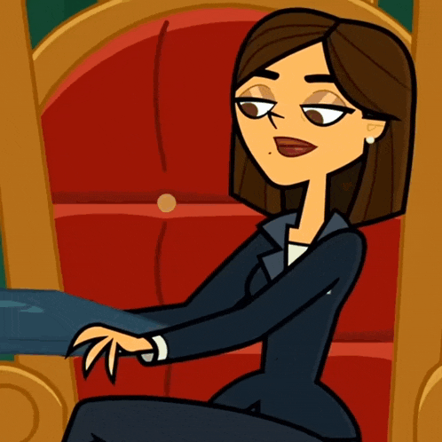 a cartoon woman is sitting in a chair with her hands on her knees