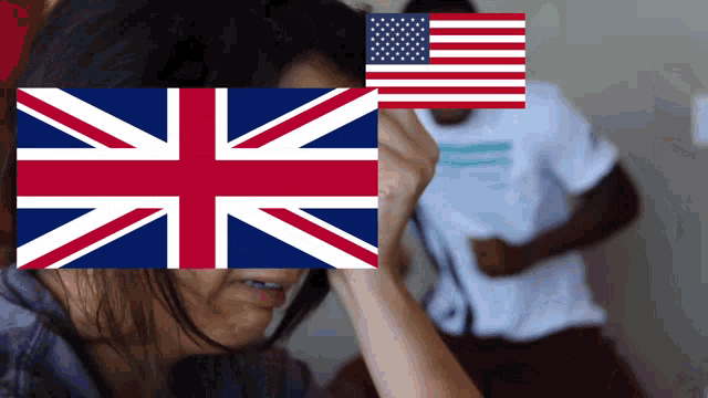 a woman is covering her face with a british flag and an american flag