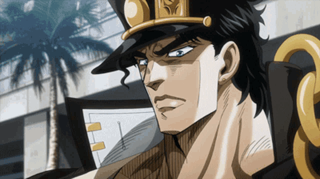 a close up of a man 's face with a hat and a palm tree in the background