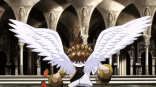 a cartoon character with white wings and a crown on their head