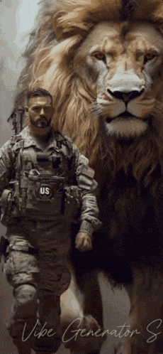 a soldier in a us uniform stands next to a lion