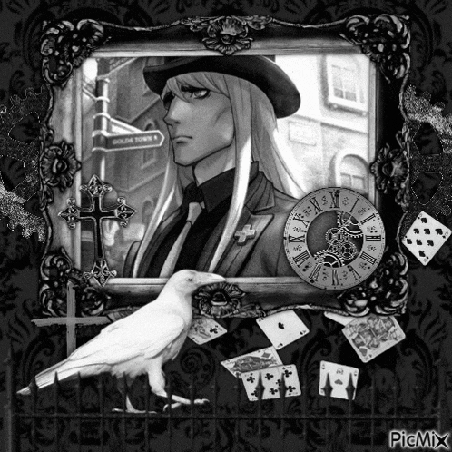 a picture of a man in a top hat with a white bird and a clock that says picmix on the bottom