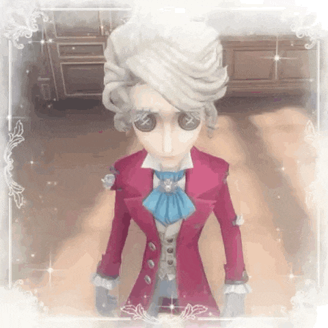 a man in a red jacket and blue bow tie is standing in a room in a video game .