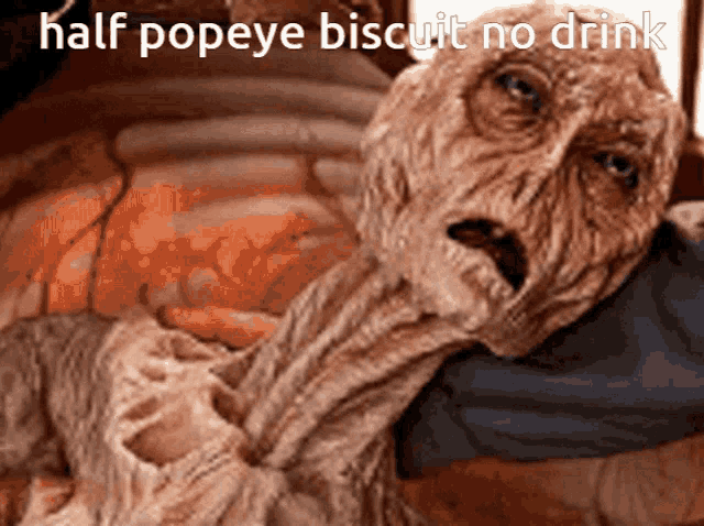 a picture of a skeleton with half popeye biscuit no drink written below it