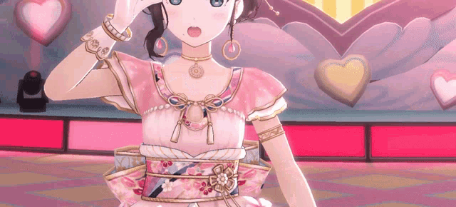 a girl in a pink dress stands in front of hearts