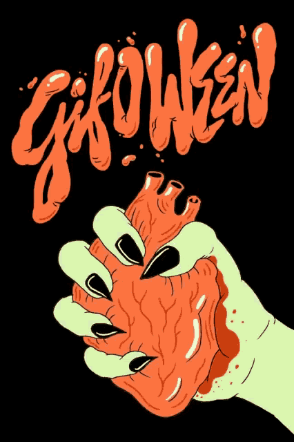 a cartoon drawing of a hand holding a bloody heart with the word gikowen written above it