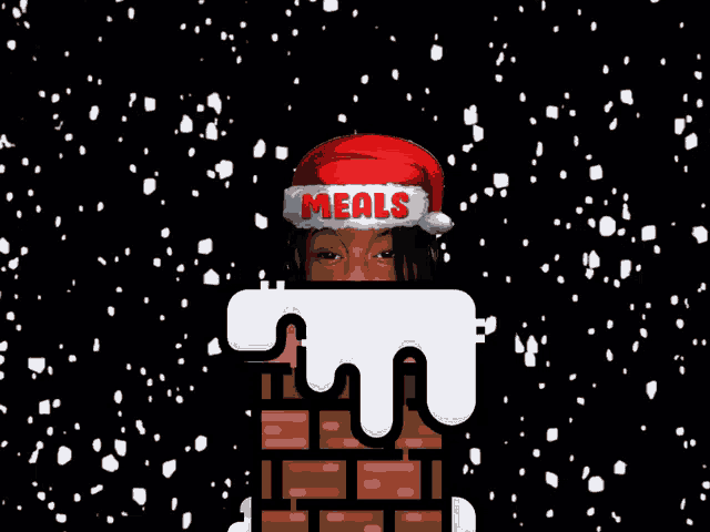 a man wearing a santa hat that says meals on it