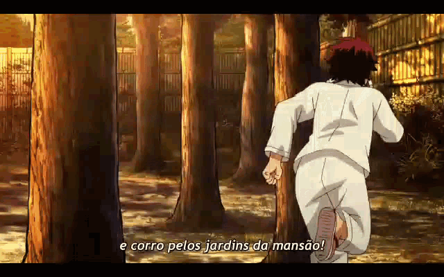 a man is running through a forest with the words " e corro pelos jardins da mansão " written below him