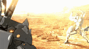 a video game screen shows two robots fighting in a field