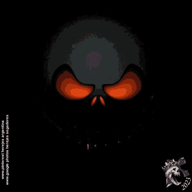 a black skull with orange eyes and stitches on the mouth