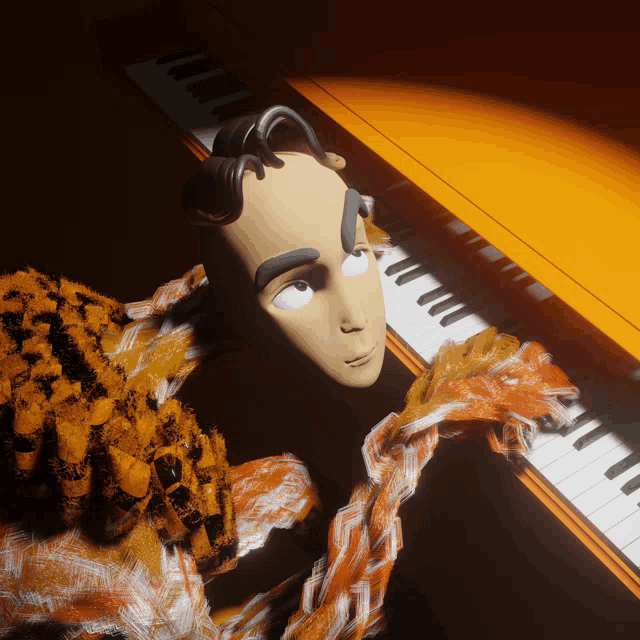 a cartoon drawing of a man playing a piano with a scarf around his neck