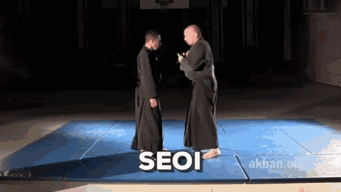 two men standing on a blue mat with the word seoi on the bottom right