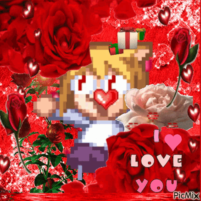 a pixel art of a girl with a heart in her mouth surrounded by roses and hearts and the words i love you