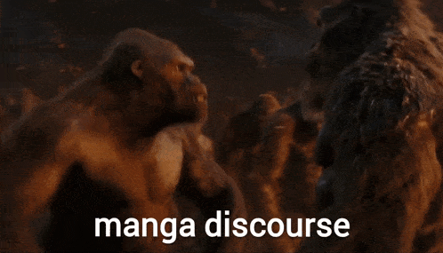 a close up of a gorilla 's face with the words manga discourse below it