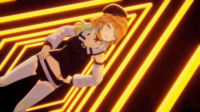 a girl with orange hair is laying down in front of a yellow striped background