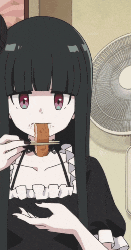 a girl with long black hair and red eyes is eating a piece of food with chopsticks