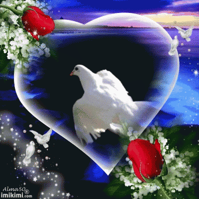 a white dove is in a heart surrounded by red roses and lily of the valley