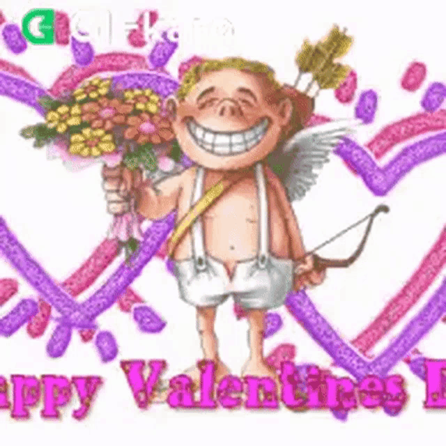 a cartoon cupid is holding a bouquet of flowers and an arrow .