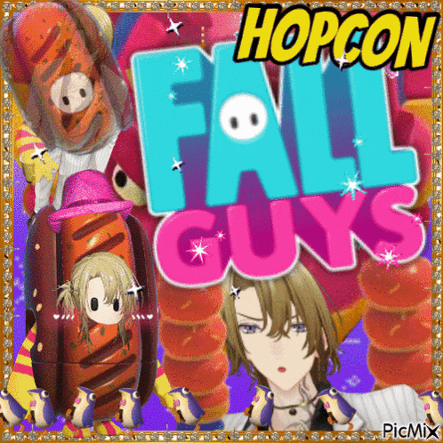 a poster for hopcon fall guys with a hot dog and a girl