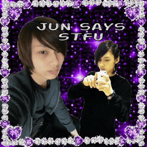 a picture of jun says stfu is surrounded by purple hearts and diamonds