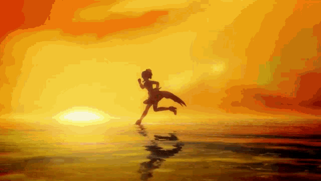 a silhouette of a person running on a beach at sunset