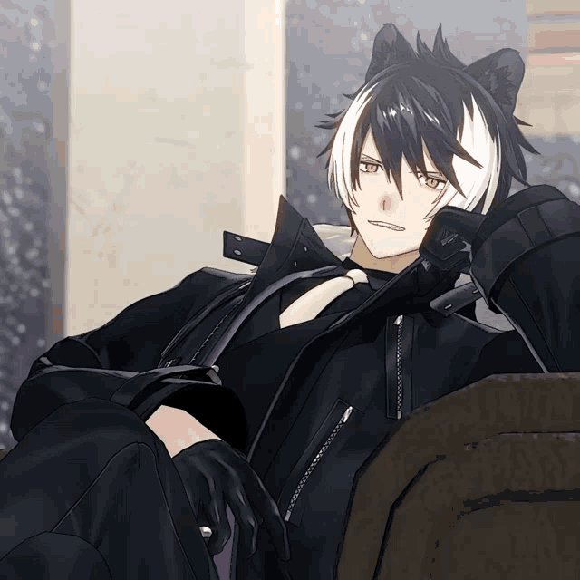 a black and white anime character is sitting on a couch with his arms crossed