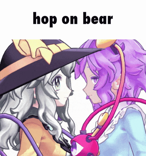 a picture of two anime characters with the words hop on bear above them