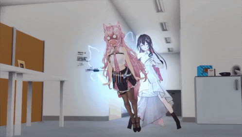 a girl with pink hair is standing next to another girl in a room with a sign on the wall that says ' a '