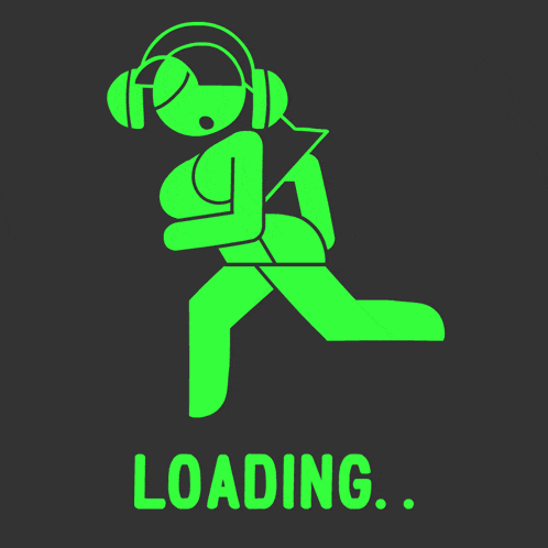 a green figure with headphones and the word loading below it
