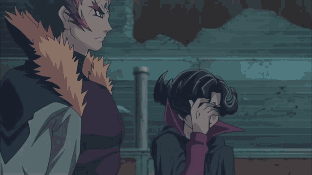 two anime characters are standing next to each other and one has a purple collar