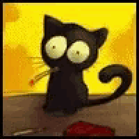a black cat with big eyes is sitting on a table .