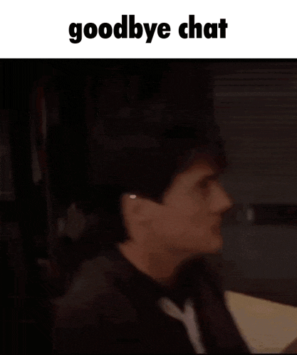 a man is sitting at a table talking into a microphone with the words goodbye chat written above him .