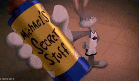 bugs bunny is holding a can of michael 's secret stuff .