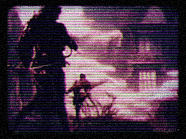 a purple screen shows a silhouette of a man holding a sword
