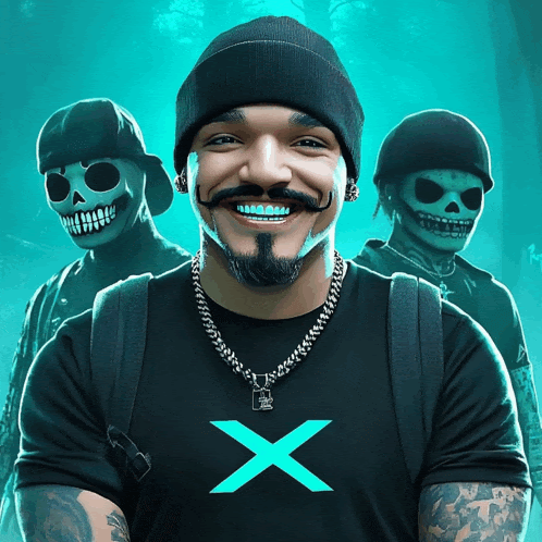 a man wearing a black shirt with a blue x on the front