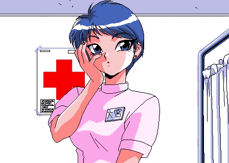 a pixel art of a nurse with a name tag that says ' ao ' on it