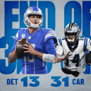 two football players on a blue background with the words end of det 13 31 car on it
